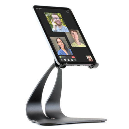 Stabile PRO iPad stand angled front view with mini cradle in Black Texture