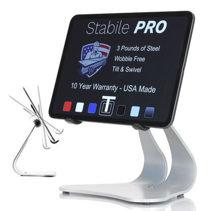 Stabile PRO iPad stand angled front view in Silver