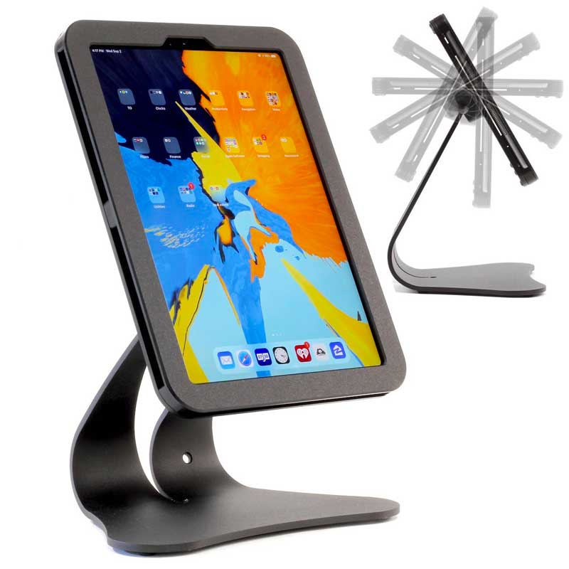 EnCloz secure iPad POS stand angled front view with flip and rotate feature