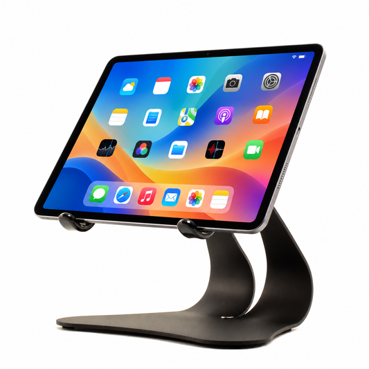 Thought Out Stabile 2.0 heavy-duty black steel iPad stand holding a modern iPad in landscape orientation.