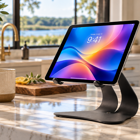 Thought Out Stabile 2.0 black steel iPad stand displayed on a marble kitchen countertop in a modern home.