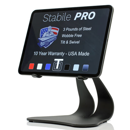 Stabile PRO heavy-duty pivoting iPad stand angled front view in Black Texture