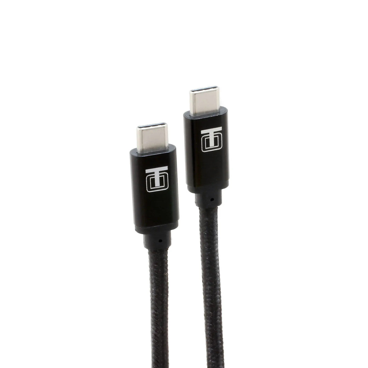 Black braided USB Type-C cable on a white background angled view